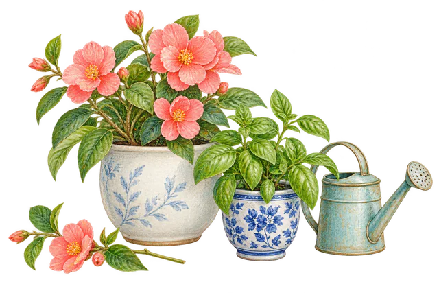 摆在窗边的花盆与园艺小工具手绘插画
